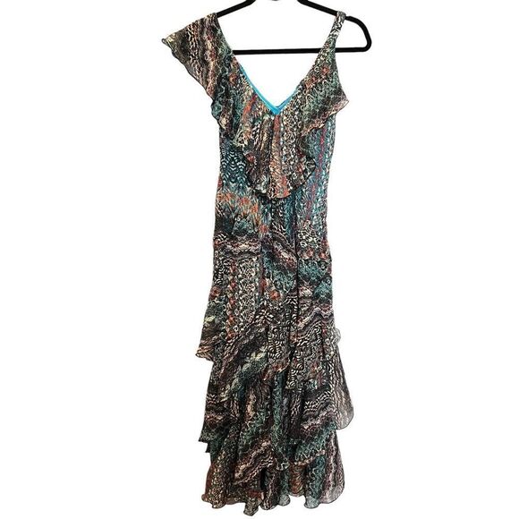Signature by Robbie Bee Dress Long Cascading Ruffle Size 6 Turquoise/red multi - Picture 2 of 13